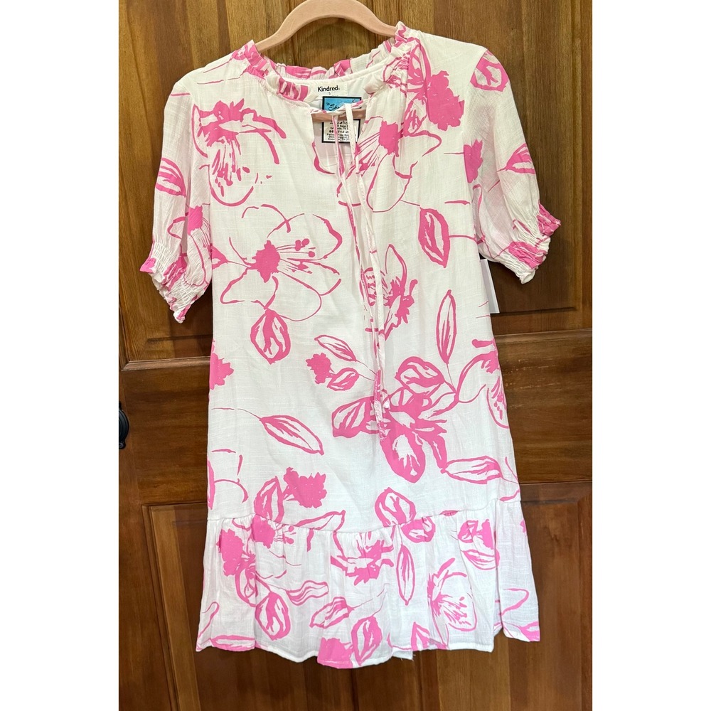 Kindred Womens Pink Floral Ruffle Tie Neck Puff Sleeve Tiered Mini Dress Small